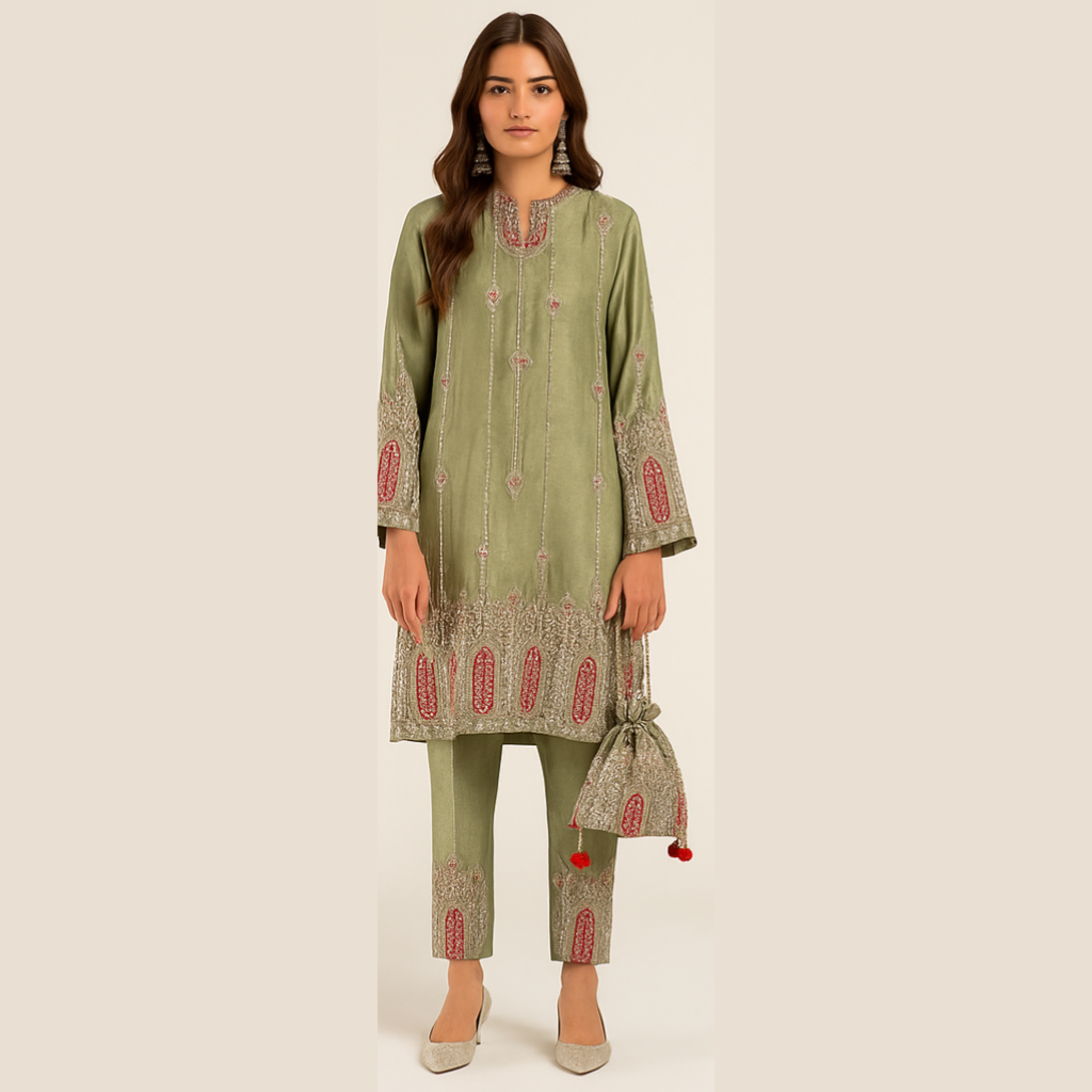 Green Embroidered Tissue Set with Potli Bag