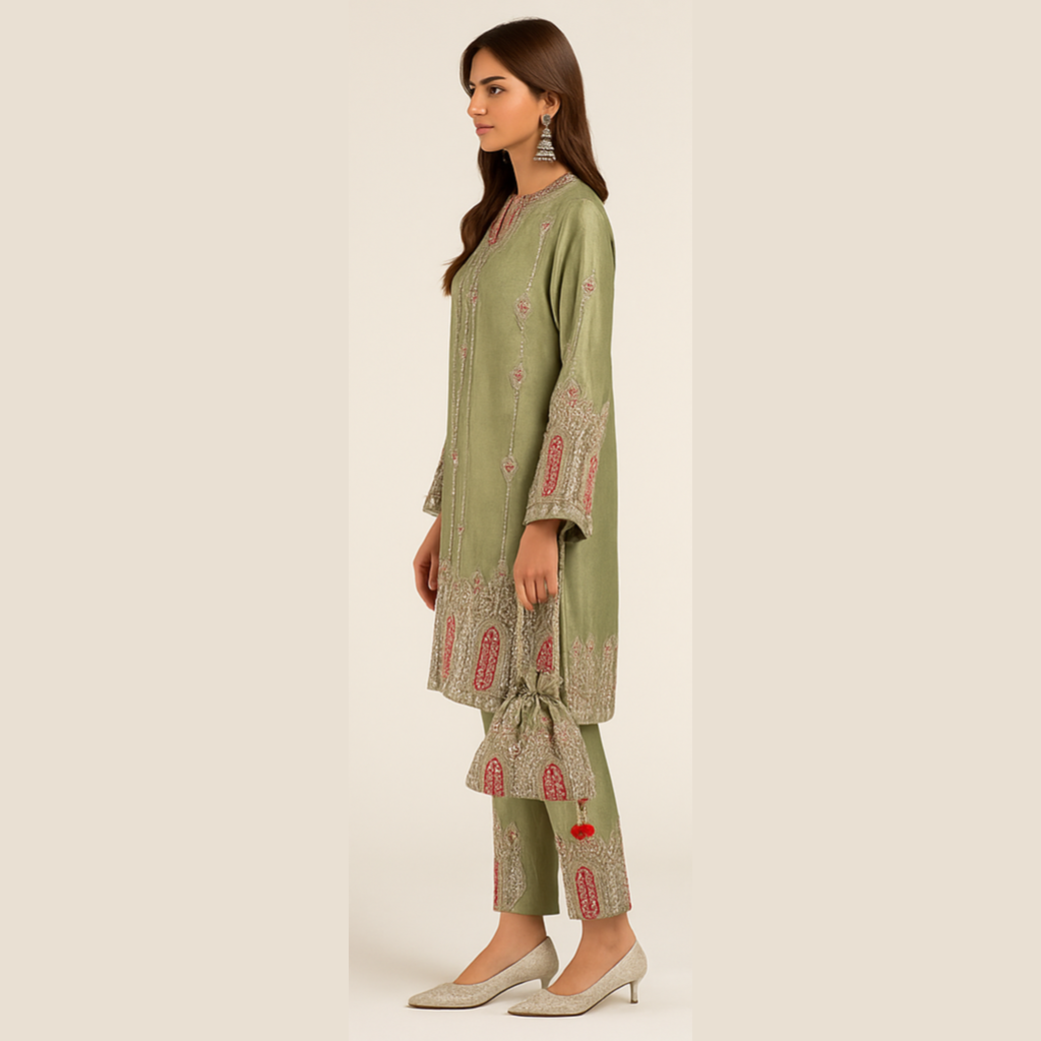 Green Embroidered Tissue Set with Potli Bag