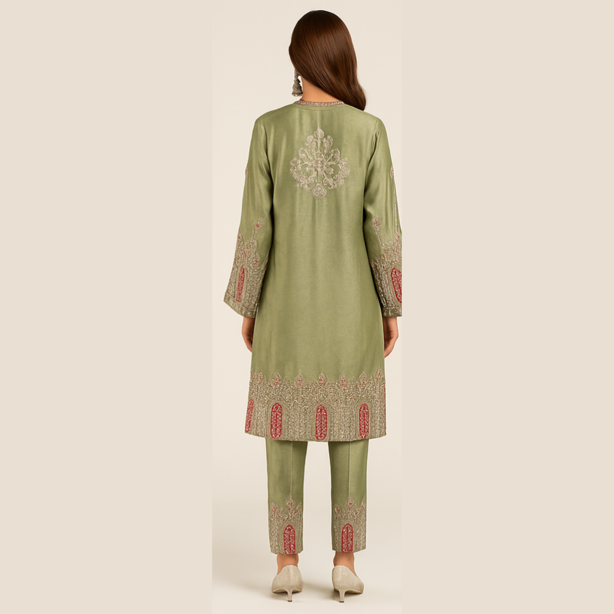 Green Embroidered Tissue Set with Potli Bag