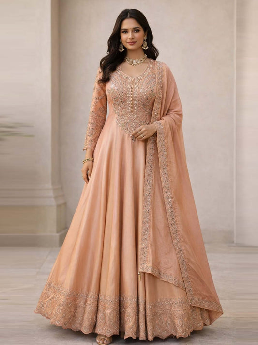 Designer Peach Anarkali Gown with Heavy Embroidery & Matching Dupatta | Wedding & Party Wear Ethnic Dress for Women