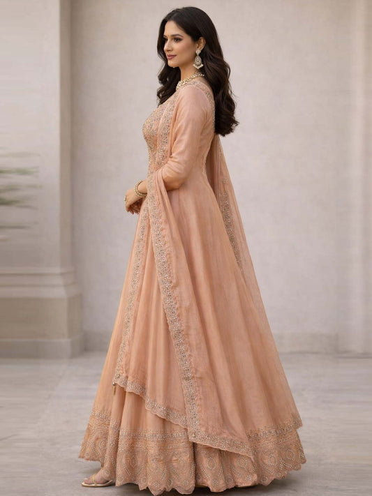 Designer Peach Anarkali Gown with Heavy Embroidery & Matching Dupatta | Wedding & Party Wear Ethnic Dress for Women