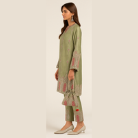 Green Embroidered Tissue Set with Potli Bag