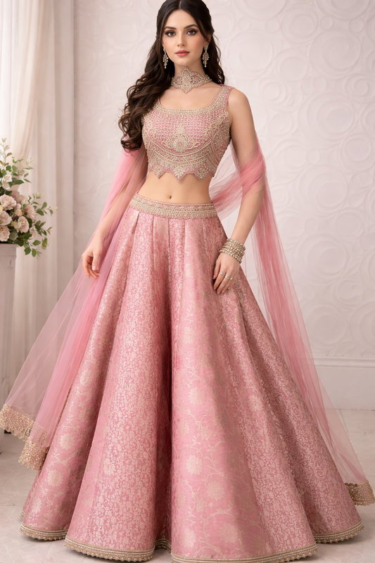 Designer Pink Embroidered Bridal Lehenga Choli with Dupatta | Wedding & Reception Wear