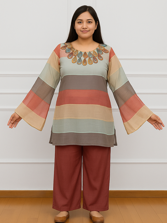 Designer Printed Festive Co-Ord Set for Women | Embroidered Kurti Top with Palazzo Pants