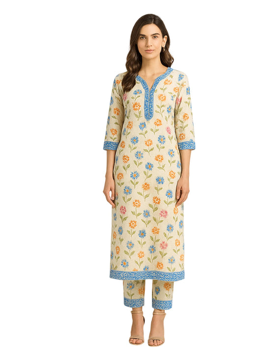 Cream Color Floral Print Cotton Kurti Pant Set for Women | Ethnic Straight Kurta with Pants