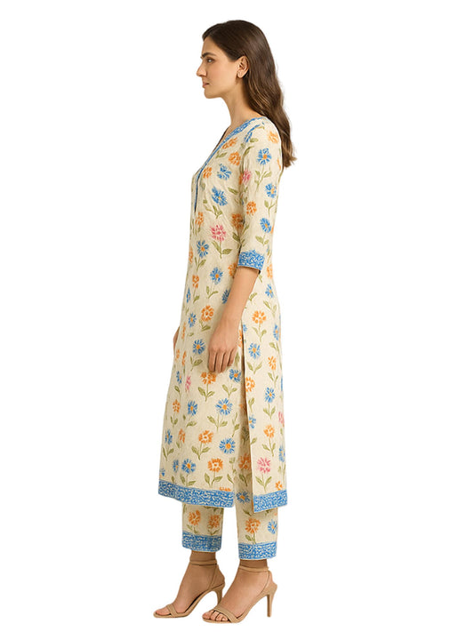 Cream Color Floral Print Cotton Kurti Pant Set for Women | Ethnic Straight Kurta with Pants