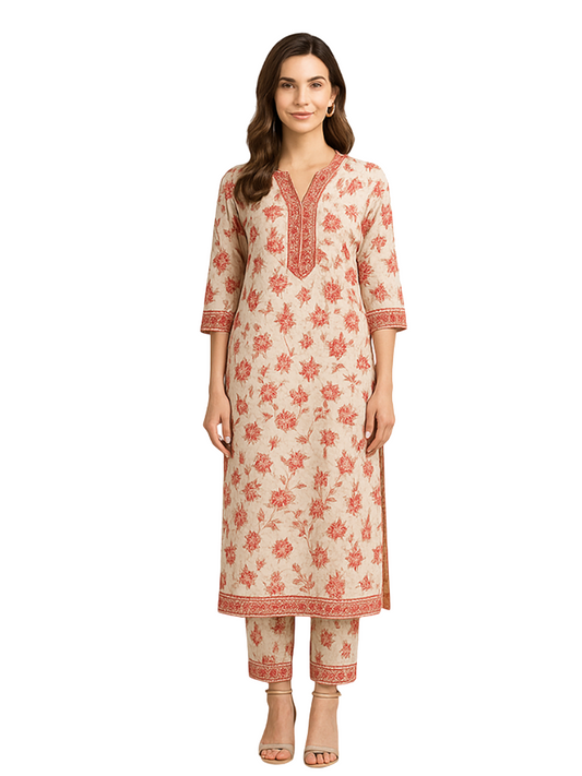 Floral Print Cotton Kurti Pant Set for Women | Ethnic Straight Kurta with Matching Pants