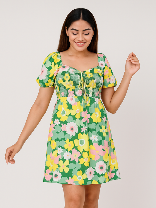 Floral Print Short Dress for Women | Summer Fit & Flare Dress with Puff Sleeves