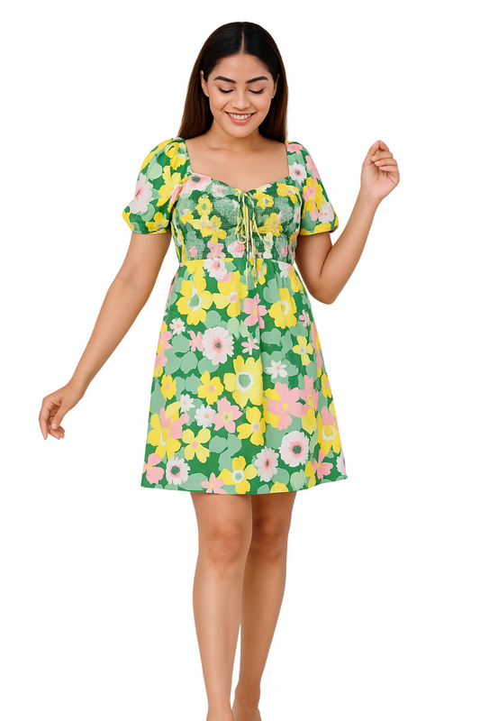 Floral Print Short Dress for Women | Summer Fit & Flare Dress with Puff Sleeves