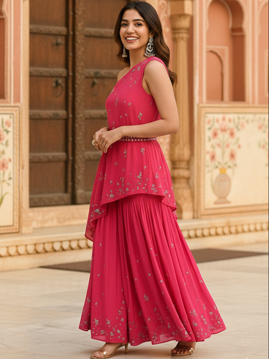 Ornafab Luxe Designer Belted Off-Shoulder Kurti with Heavy Palazzo Set