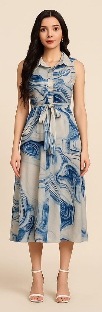 Marble Print Dress with Shirt Collar