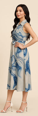 Marble Print Dress with Shirt Collar