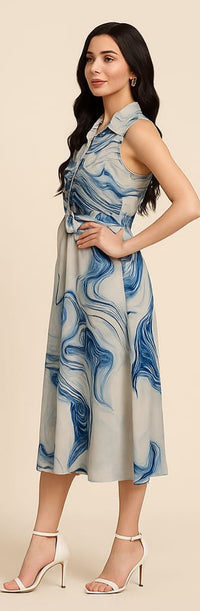 Marble Print Dress with Shirt Collar